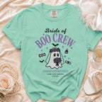 Teal t-shirt with "Bride of Boo Crew" text and a ghost bride graphic.