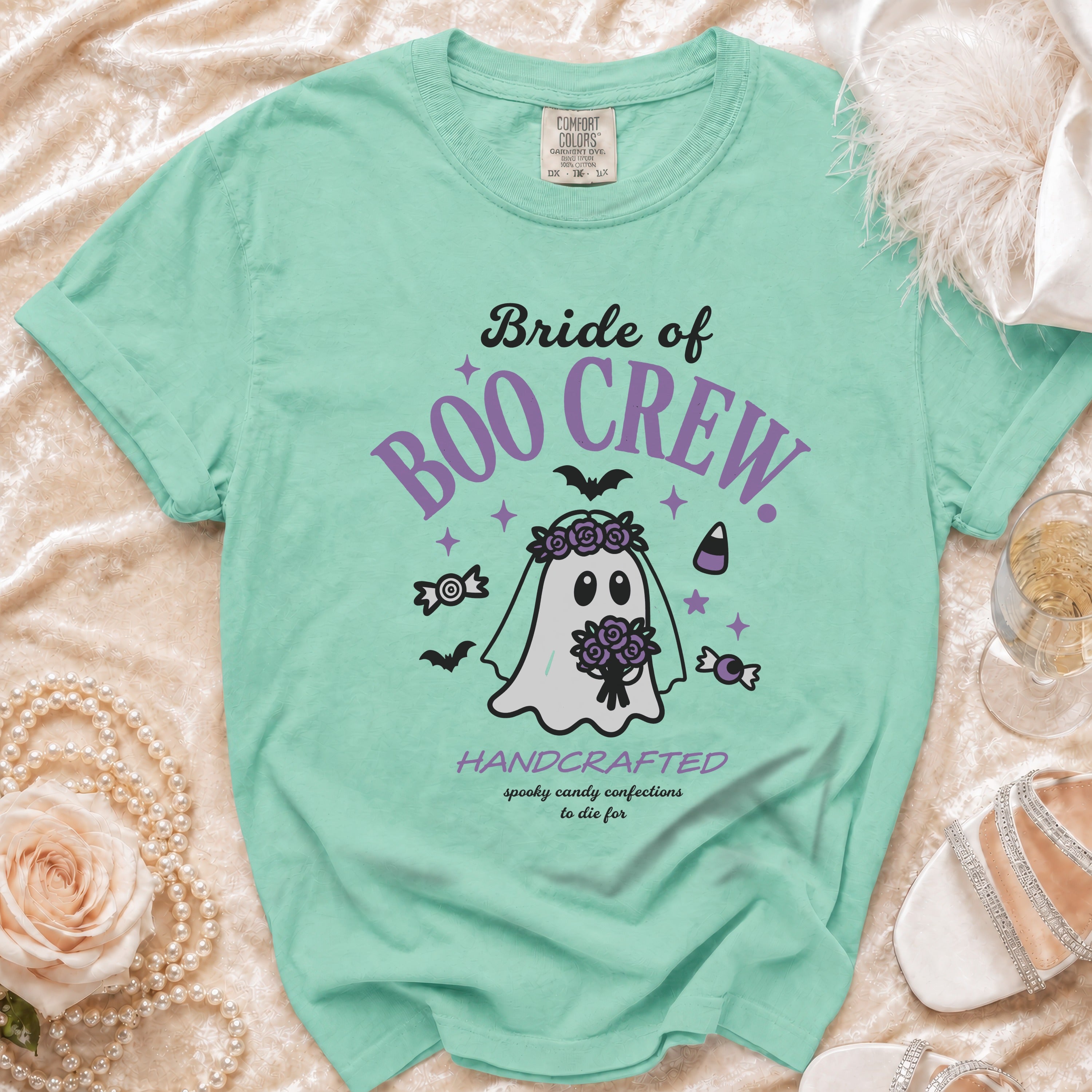 Teal t-shirt with "Bride of Boo Crew" text and a ghost bride graphic.