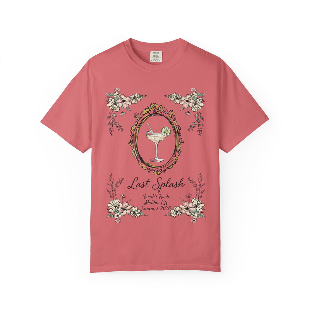 Salmon pink t-shirt with "Last Splash" text and floral frame.