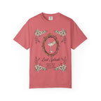 Salmon pink t-shirt with "Last Splash" text and floral frame.