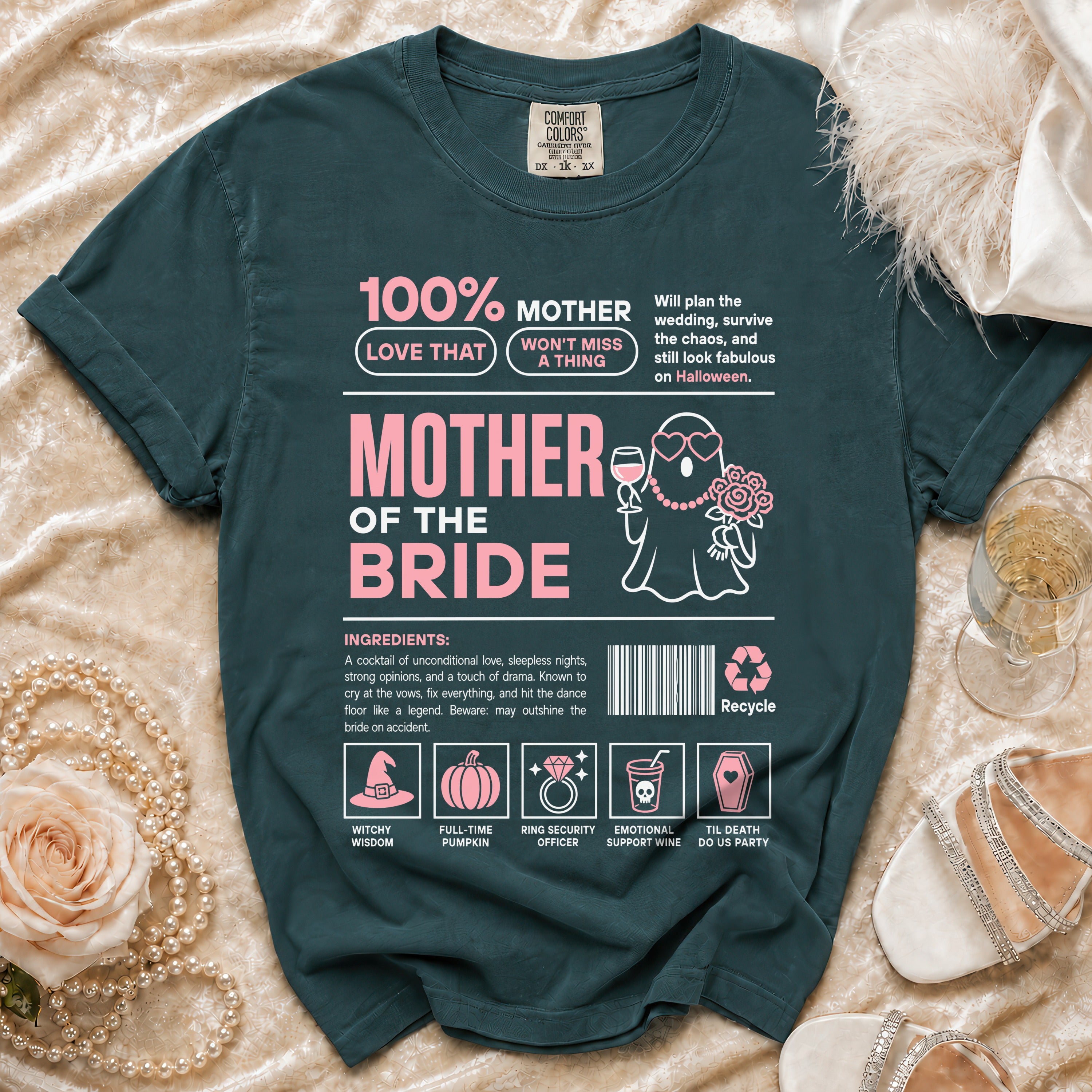 Mother of the Bride t-shirt with ghost graphic, wedding terms, and ingredient list.