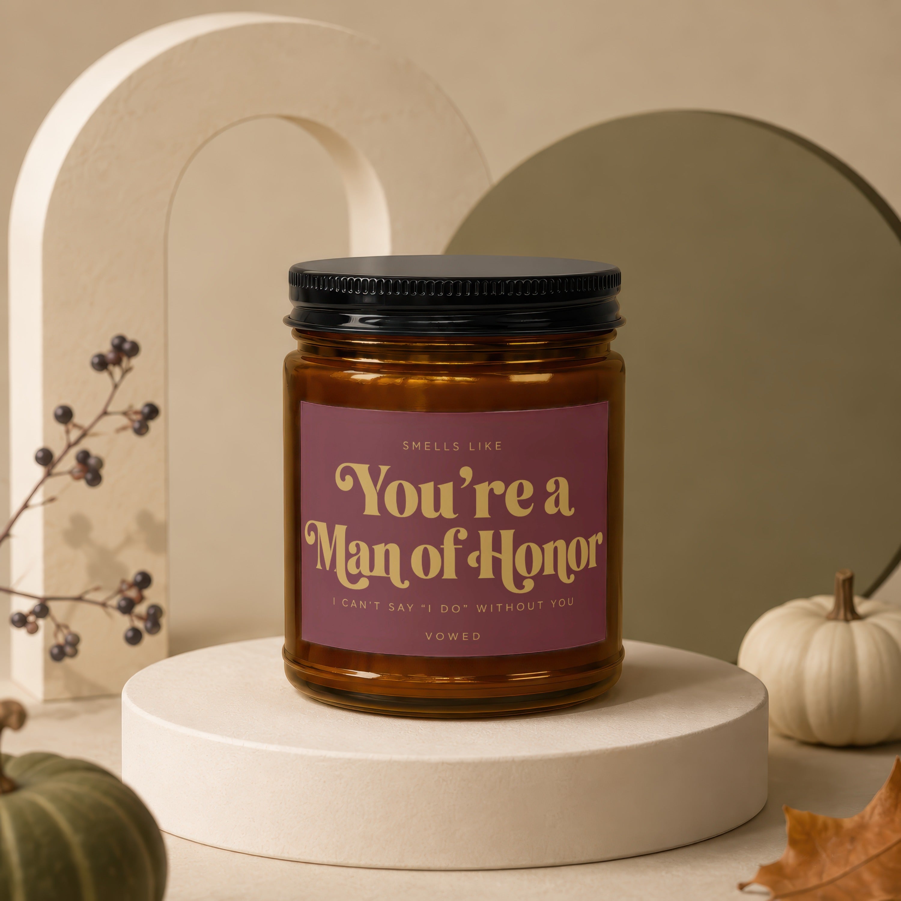 Amber candle with "You're a Man of Honor" and wedding-themed text.
