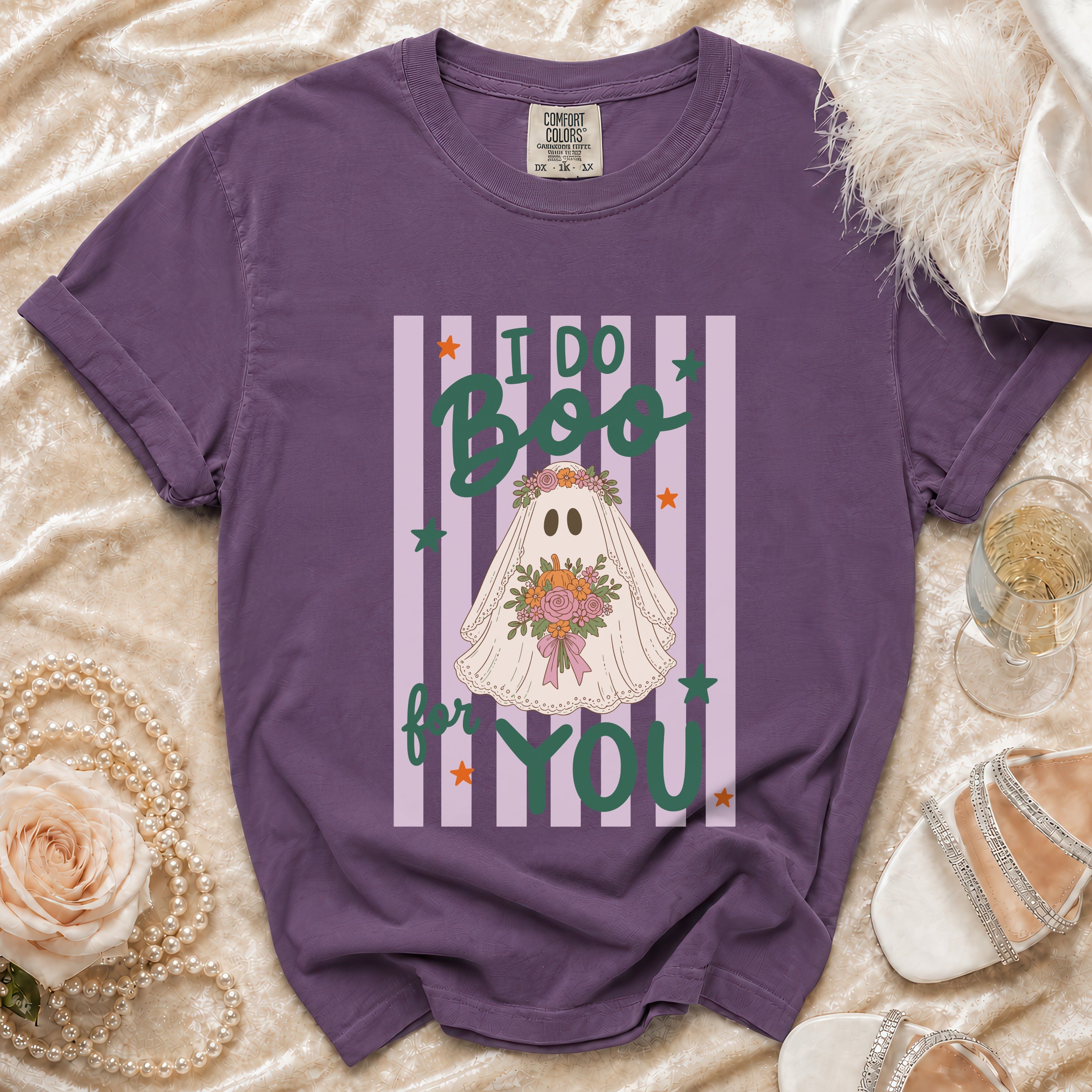 Purple t-shirt with "I do Boo for YOU" and a floral ghost graphic.