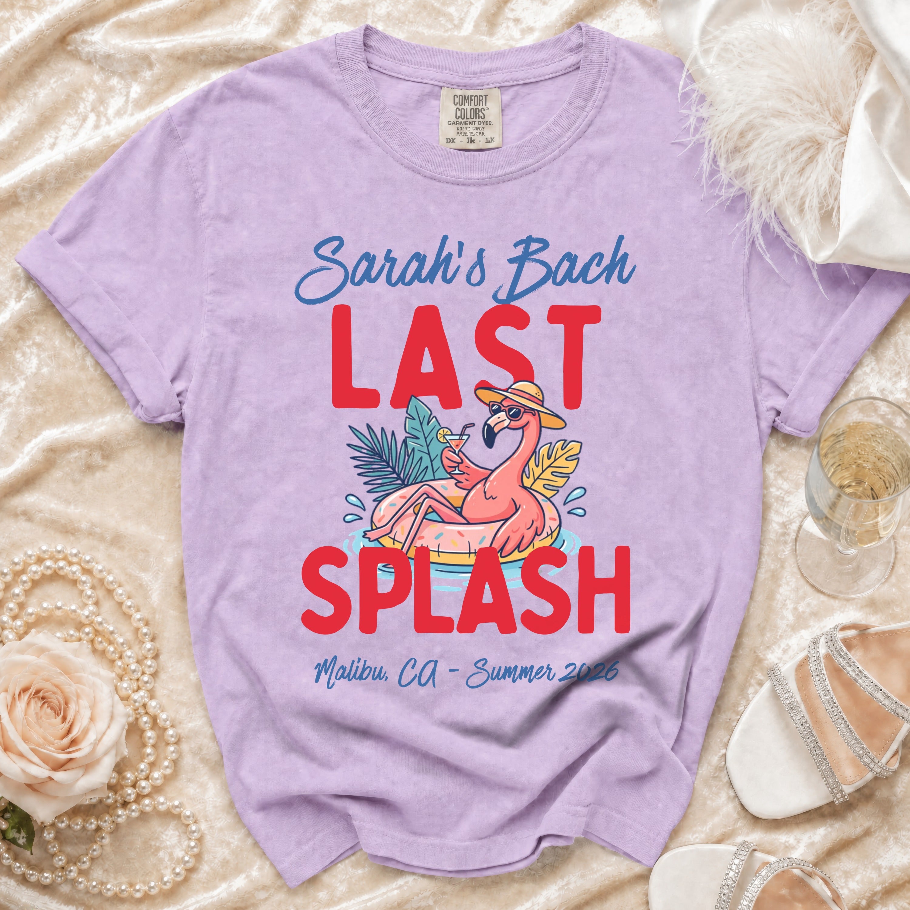 T-shirt with "Sarah's Bach Last Splash Malibu, Ca - Summer 2026" text.