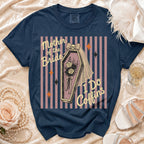 Navy t-shirt with "Mother of the Bride I Do Coffins" graphic on coffin with roses.