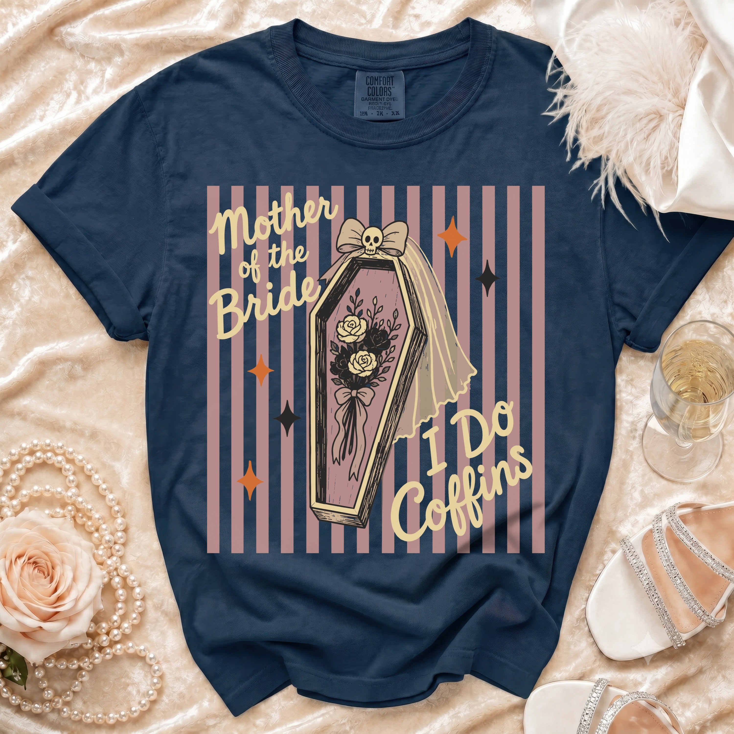 Navy t-shirt with "Mother of the Bride I Do Coffins" graphic on coffin with roses.