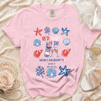 Red, white, and I do text with seashells and starfish on a pink t-shirt.