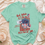 Mint t-shirt with patriotic "Red, White & I Do" bachelorette design.