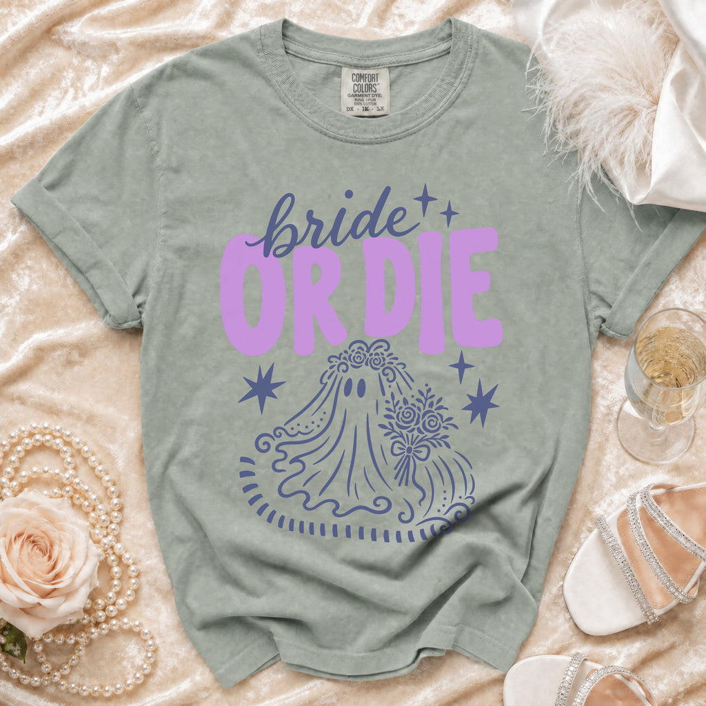 Light green t-shirt with "bride OR DIE" graphic and ghost bride.