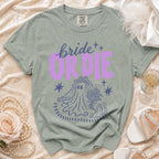 Light green t-shirt with "bride OR DIE" graphic and ghost bride.