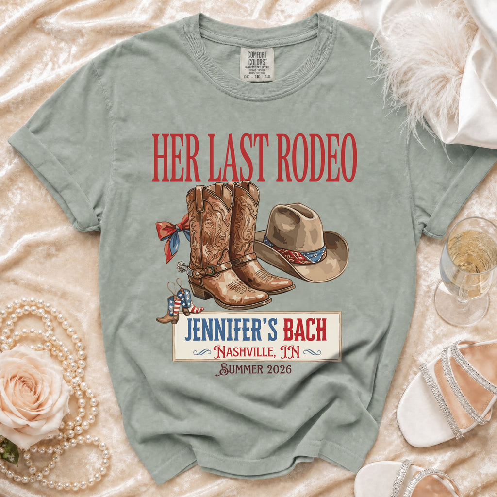 "Her Last Rodeo" t-shirt with cowboy boots, hat, and bachelorette details.