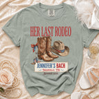 "Her Last Rodeo" t-shirt with cowboy boots, hat, and bachelorette details.