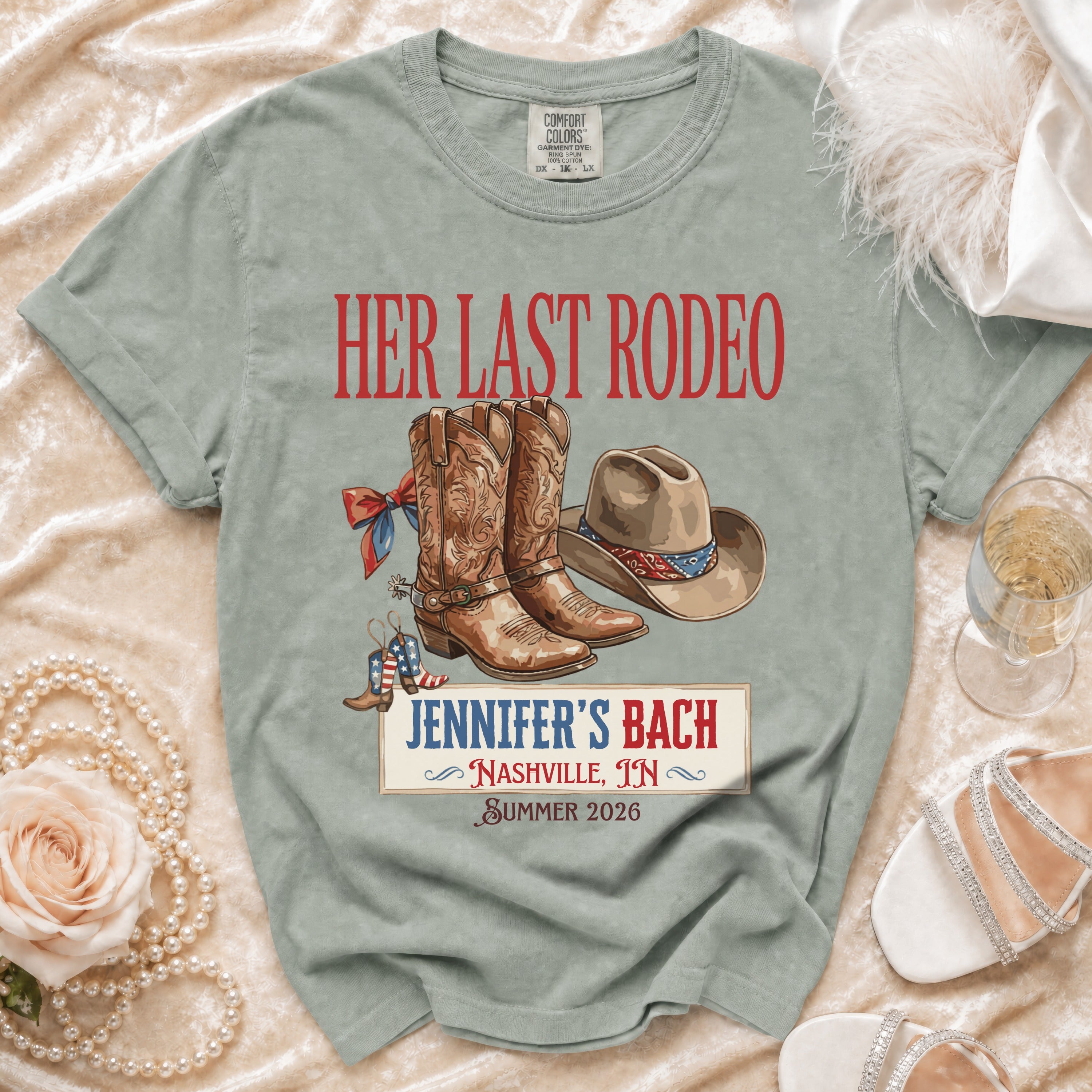 "Her Last Rodeo" t-shirt with cowboy boots, hat, and bachelorette details.