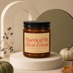 Vowed "Married My Best Friend" candle with text describing burn time and honeymoon phase.