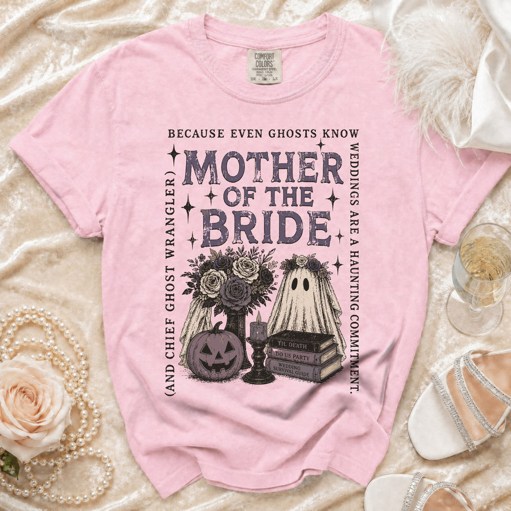 Pink t-shirt with "Mother of the Bride" and ghost graphic.
