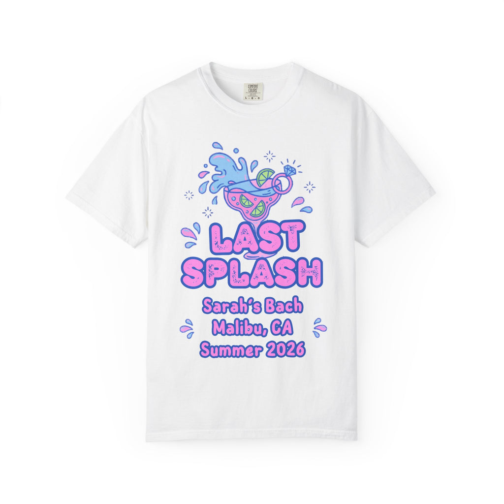 White t-shirt with "Last Splash" cocktail graphic for Sarah's Bach, Malibu, Summer 2026.