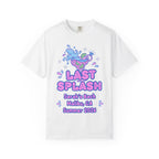 White t-shirt with "Last Splash" cocktail graphic for Sarah's Bach, Malibu, Summer 2026.