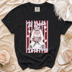 Black t-shirt with skeleton bride graphic reading "Til Death Do Us Party."