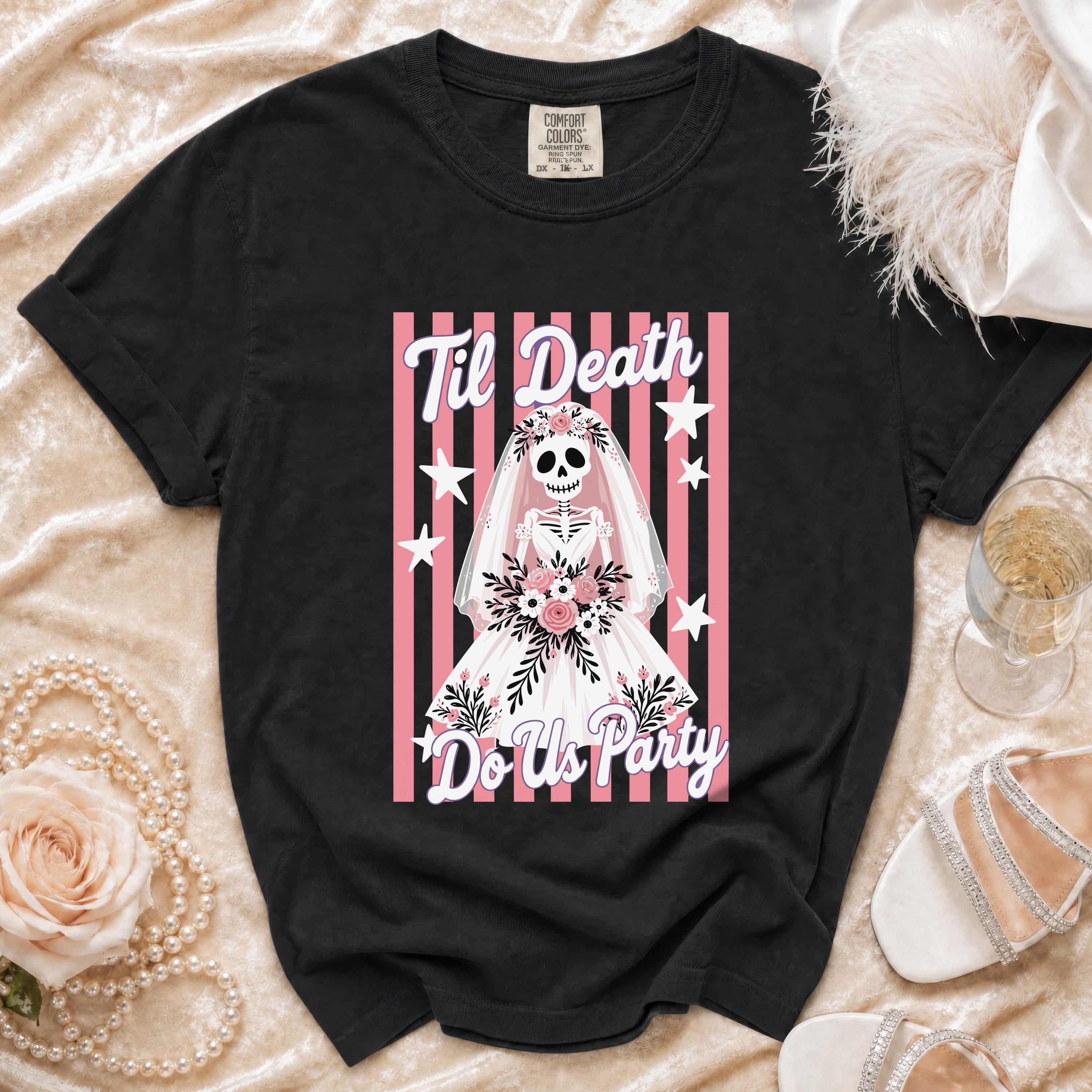 Black t-shirt with skeleton bride graphic reading "Til Death Do Us Party."