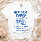 White t-shirt with "Her Last Rodeo Jennifer's Bach Nashville TN Summer 2026" in blue.