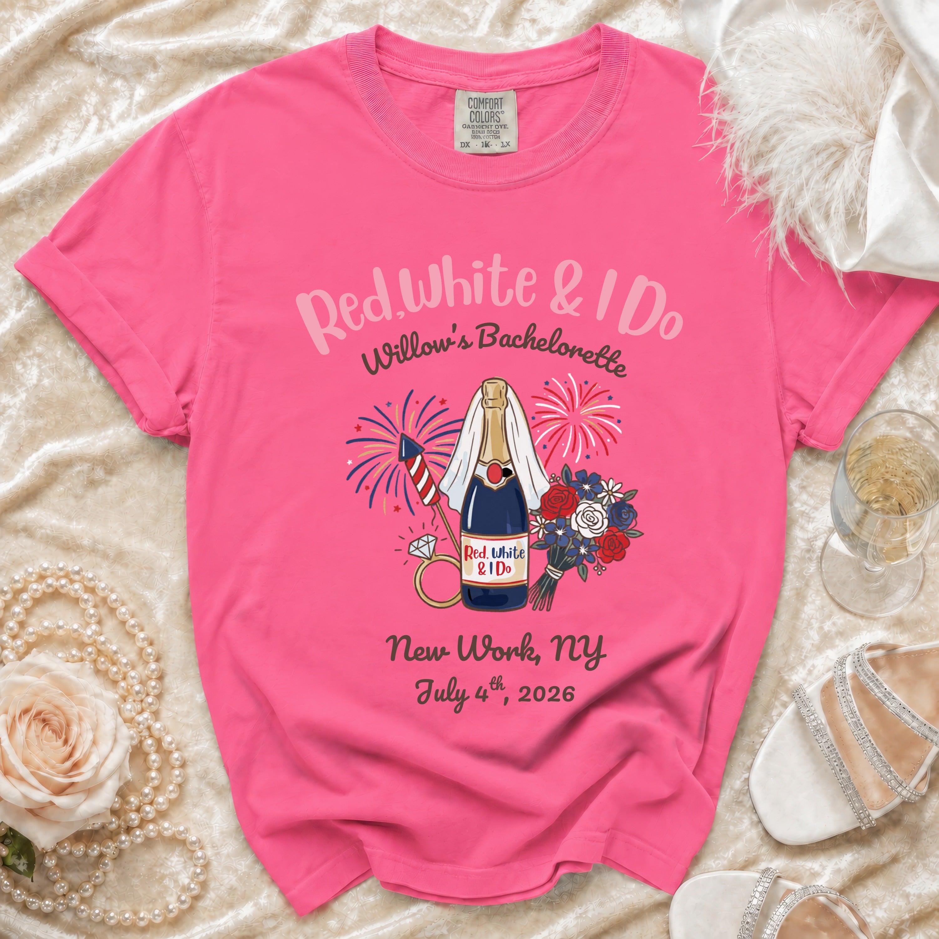 Pink t-shirt with "Red, White & I Do" bachelorette graphic.