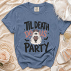 Blue t-shirt with "Til Death Do Us Party" text, ghost, bats, and flowers.