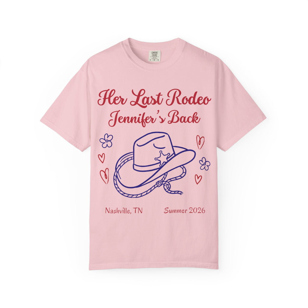 Pink t-shirt with "Her Last Rodeo Jennifer's Back" and cowboy hat graphic.