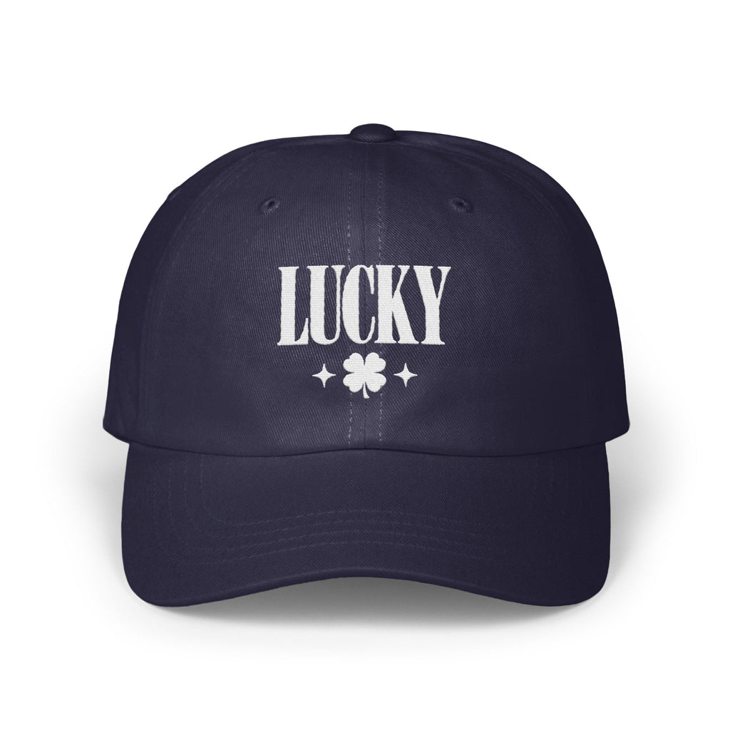 Dark blue baseball cap embroidered with the white text "LUCKY" and a four-leaf clover.