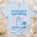 Light blue t-shirt for Sarah's Bach Last Splash in Malibu, CA.