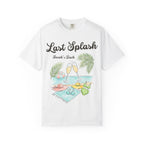 White t-shirt with "Last Splash Sarah's Bach" text and beach accessories illustration.
