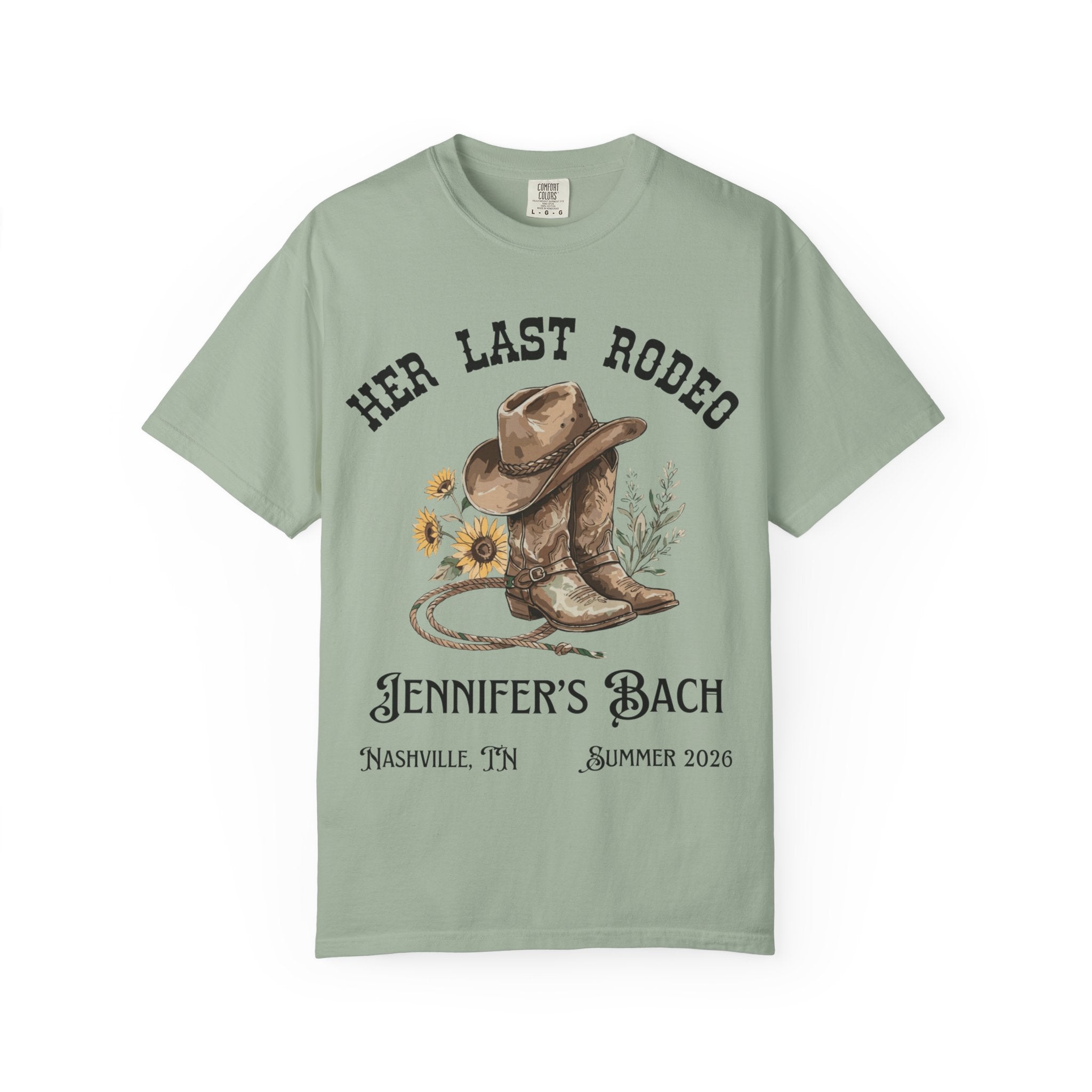 Her Last Rodeo t-shirt with cowboy boots, sunflower, and text for Jennifer's Bach.