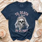 Navy t-shirt with skeleton bride graphic and text "Til Death & Taxes Do Us Part".