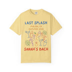 Yellow t-shirt with "Last Splash Malibu, CA Summer 2026 Sarah's Bach" and tropical illustrations.