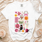 White t-shirt with spooky bride graphics, including ghosts, pumpkins, cats, and text.
