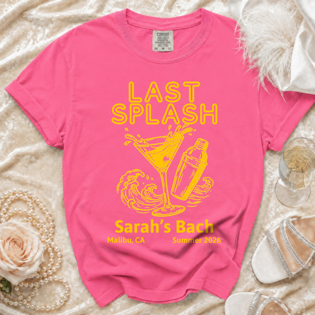 Pink t-shirt with "LAST SPLASH" and "Sarah's Bach" text and graphics.