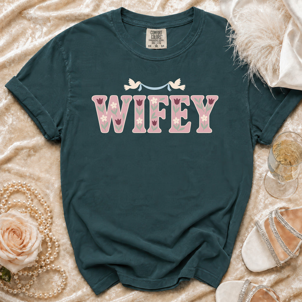 Teal t-shirt with "WIFEY" in floral letters and two doves above.