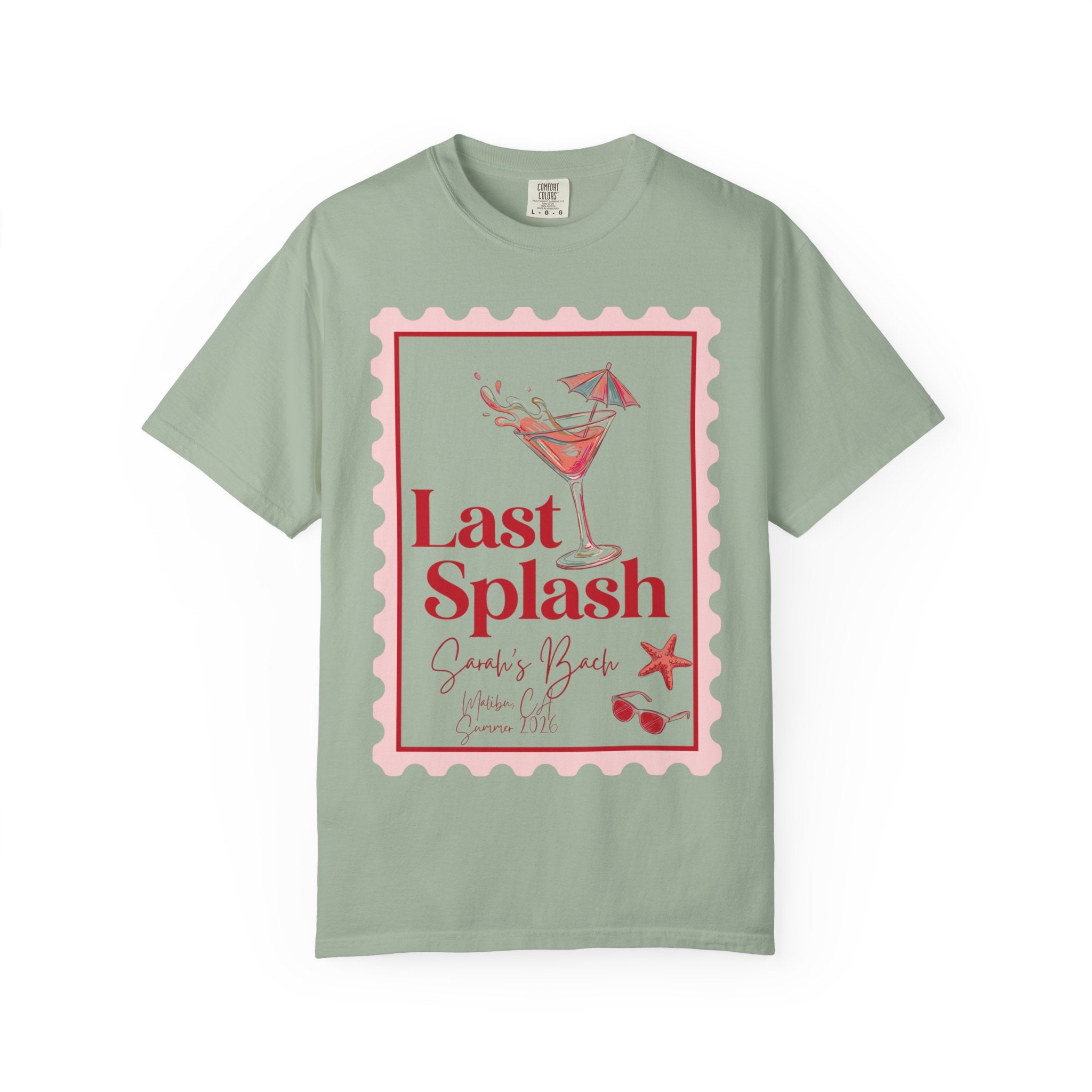 T-shirt graphic: "Last Splash" cocktail with starfish and sunglasses, Sarah's Bach Summer 2024.