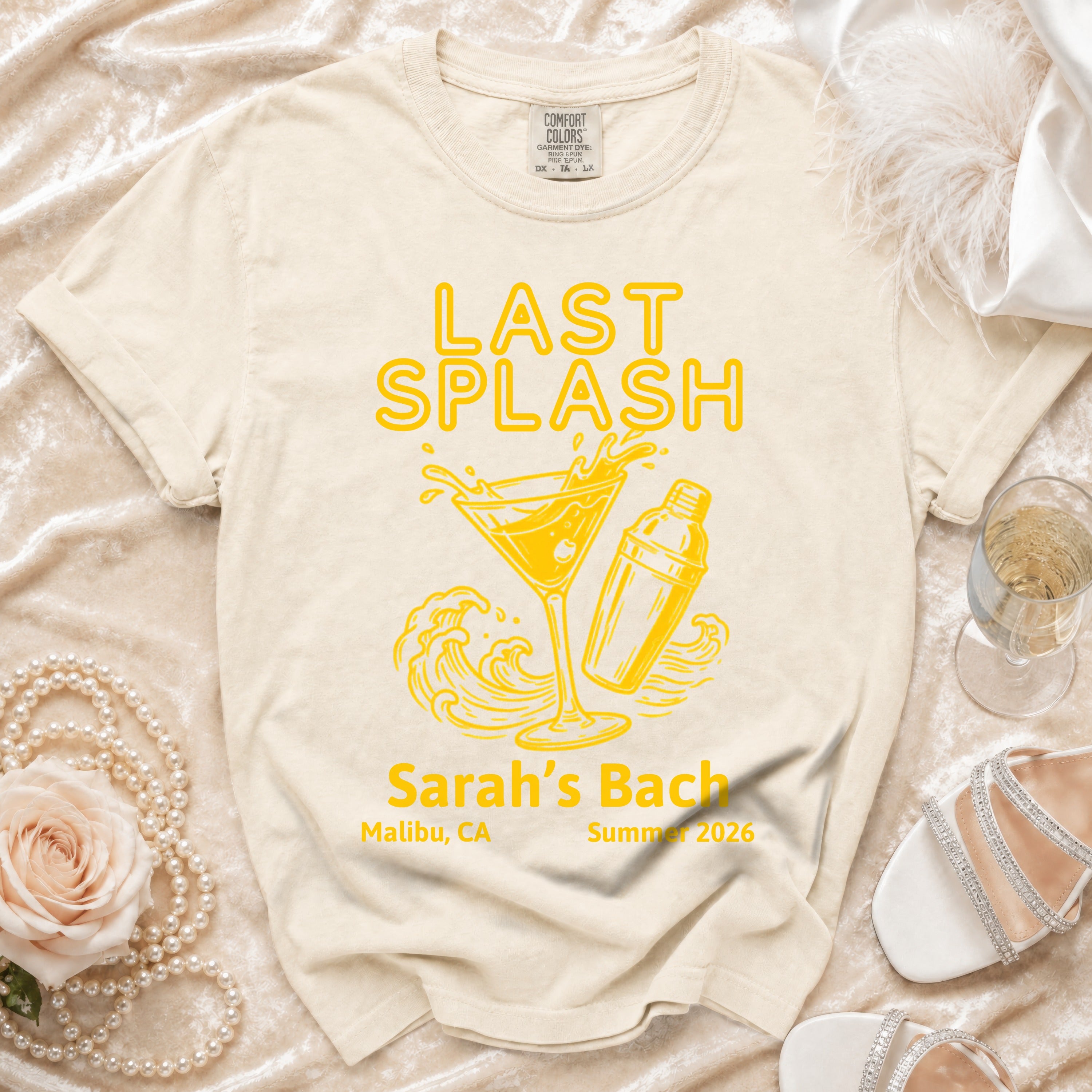 Cream t-shirt with "Last Splash" martini and waves design for Sarah's Bach.