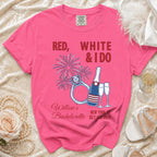 Bachelorette t-shirt with "Red, White & I Do" text and wedding ring.