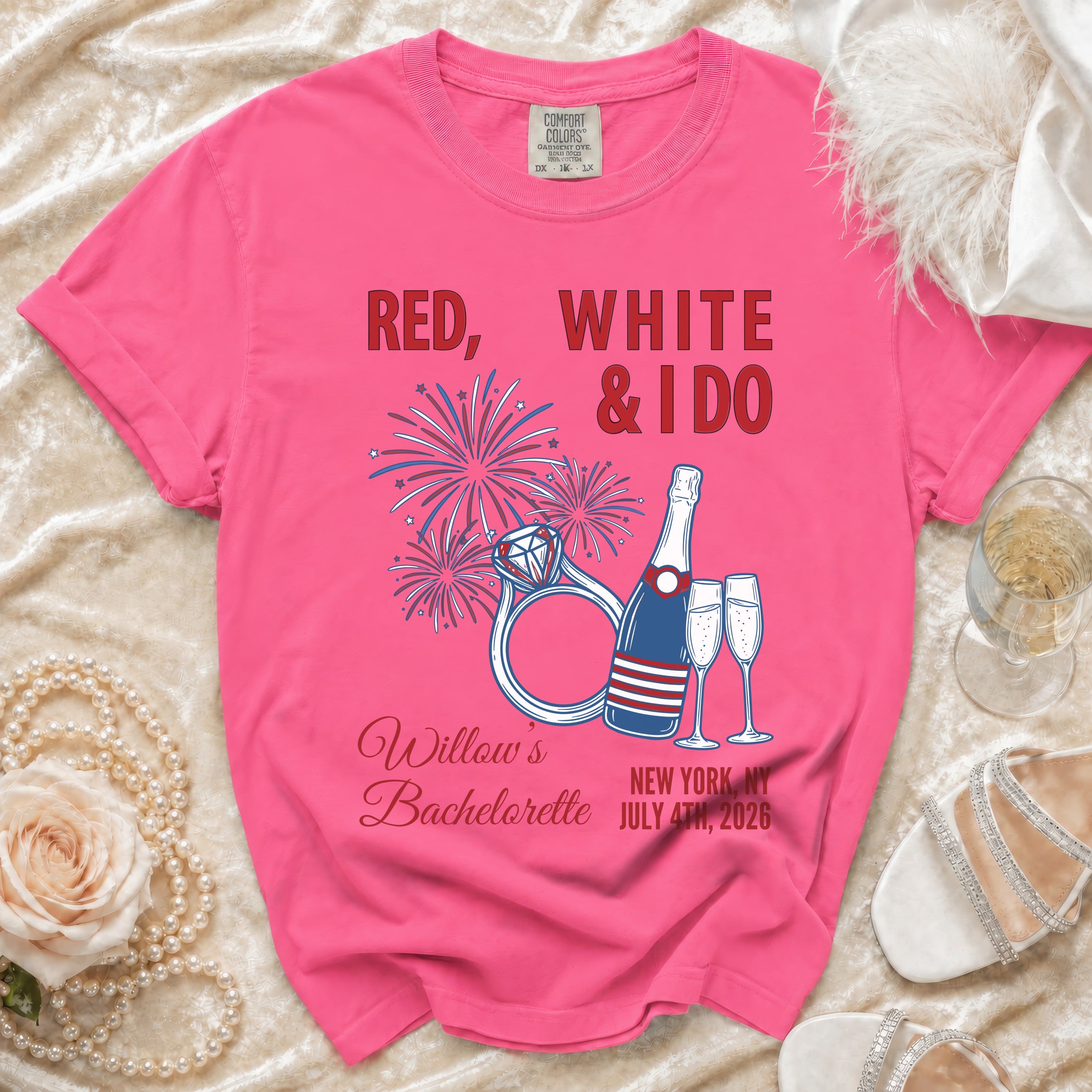 Bachelorette t-shirt with "Red, White & I Do" text and wedding ring.
