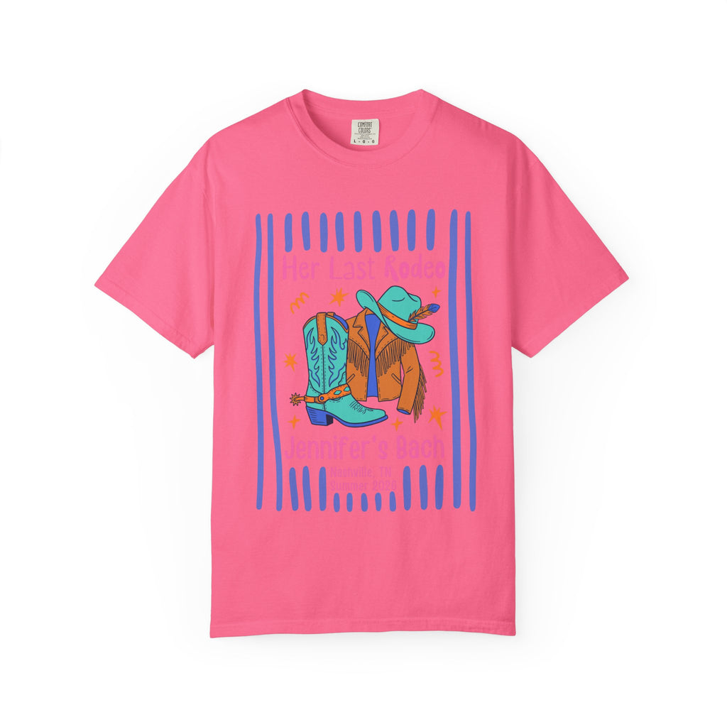 Pink t-shirt with "Her Last Rodeo Jennifer's Bach" design.