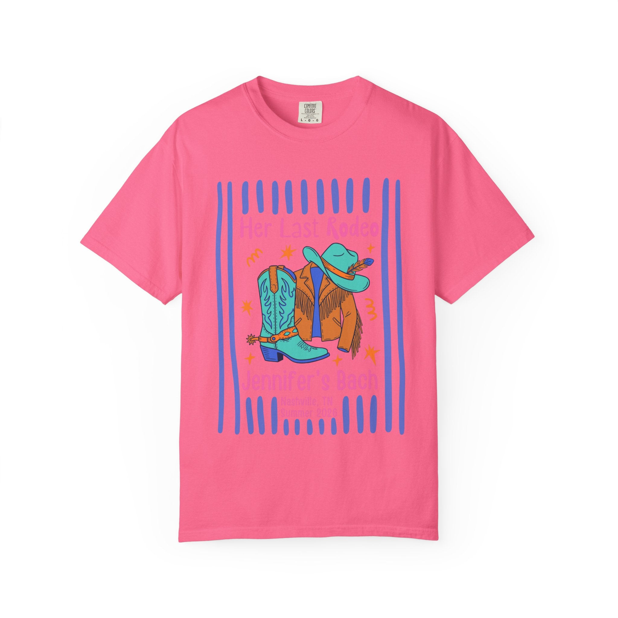 Pink t-shirt with "Her Last Rodeo Jennifer's Bach" design.