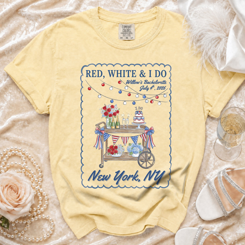 Willow's Bachelorette "Red, White & I Do" graphic tee with New York cart design.