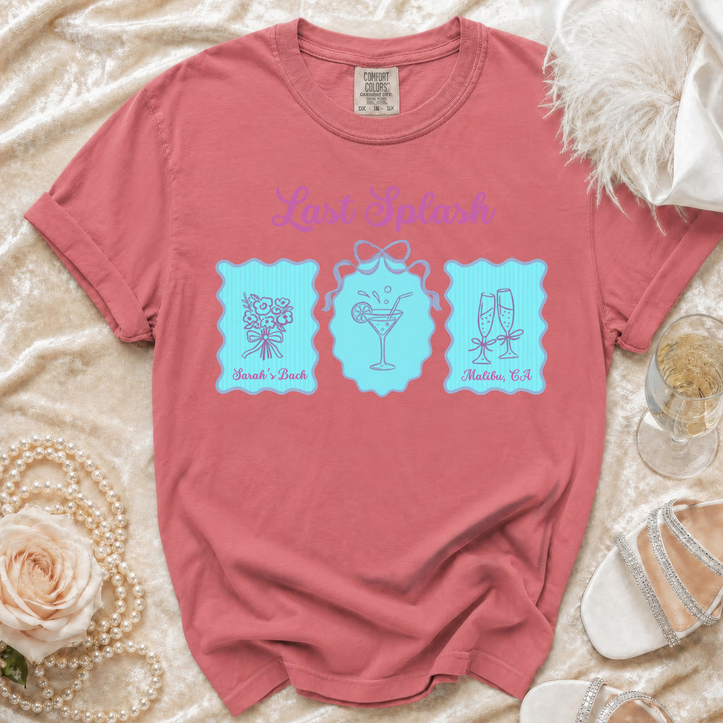 Coral t-shirt with "Last Splash" text and bachelorette icons: bouquet, cocktail, champagne.