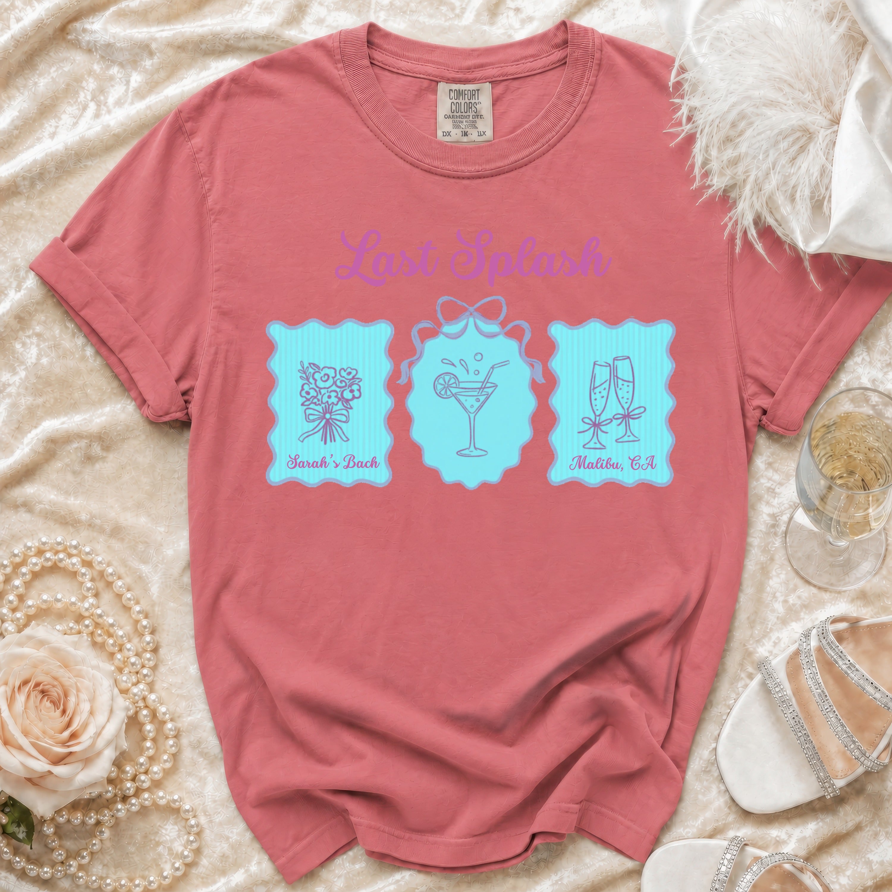 Coral t-shirt with "Last Splash" text and bachelorette icons: bouquet, cocktail, champagne.