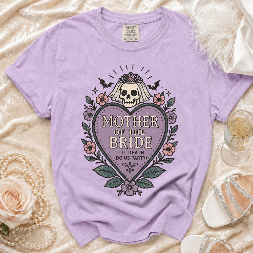 Purple t-shirt with "Mother of the Bride 'Til Death (Do Us Party)" graphic.