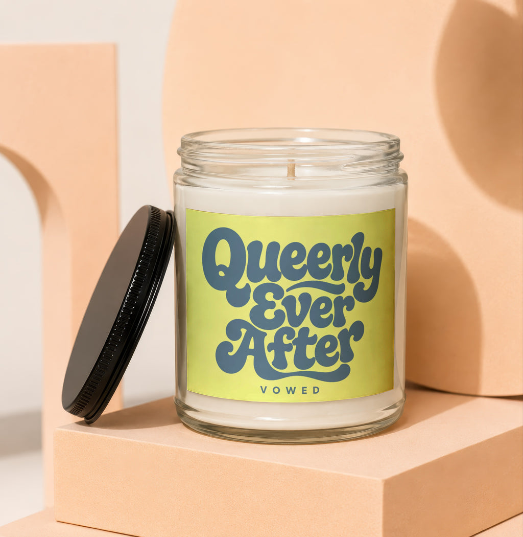 Candle with "Queerly Ever After" text on a lime green label.