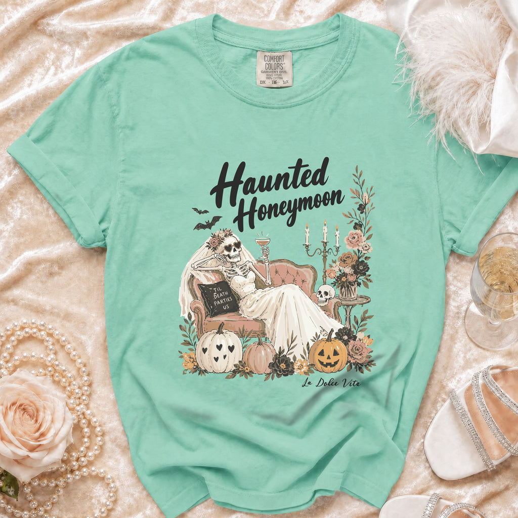 Mint green t-shirt with "Haunted Honeymoon" graphic and skeleton bride.