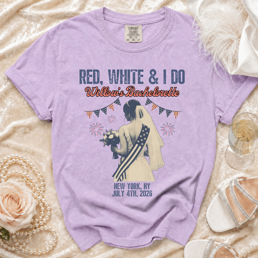 Red, white, and "I Do" bachelorette t-shirt with bride and "Willow's Bachelorette" text.