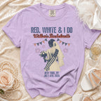 Red, white, and "I Do" bachelorette t-shirt with bride and "Willow's Bachelorette" text.